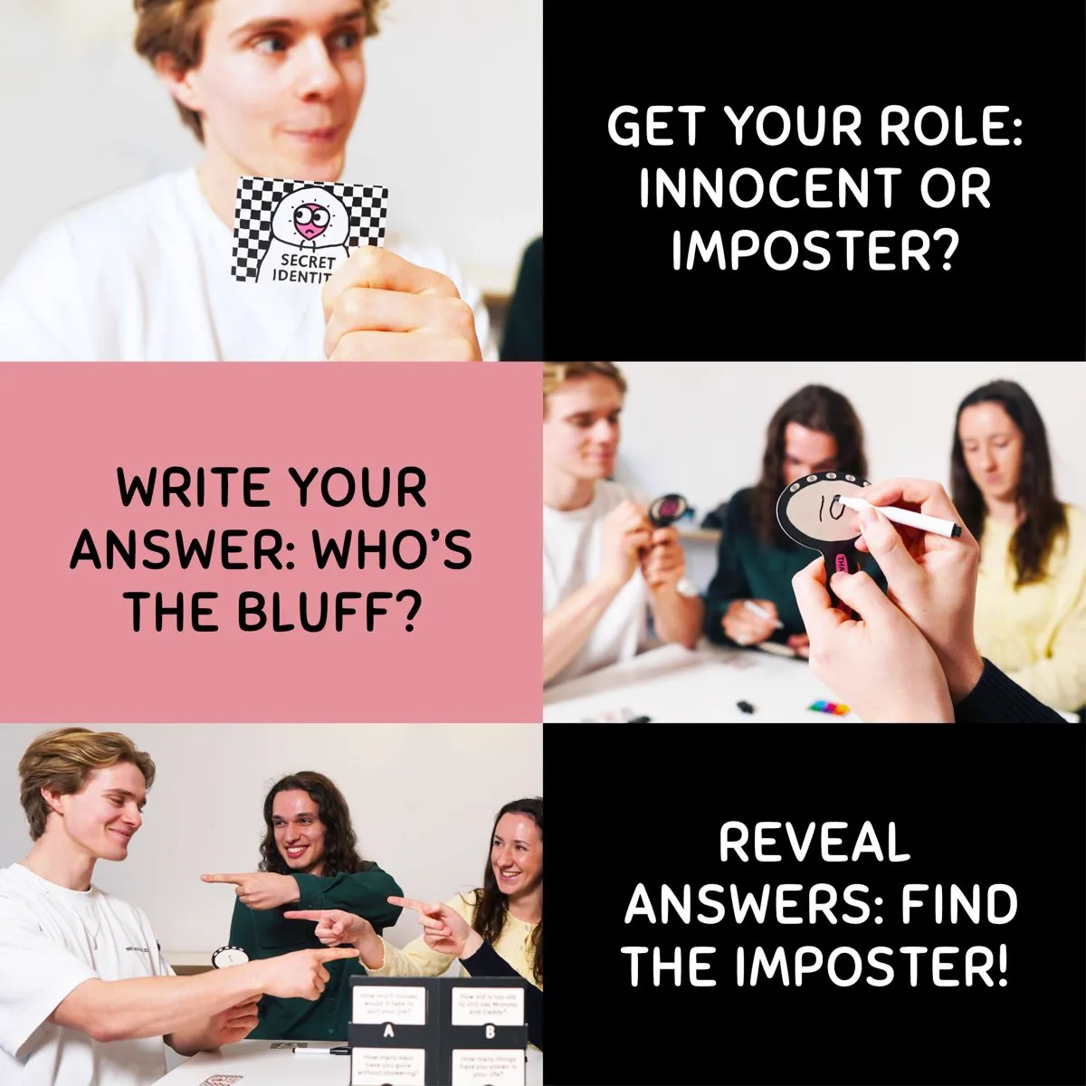 Get your role, write your answer, reveal and find the imposter