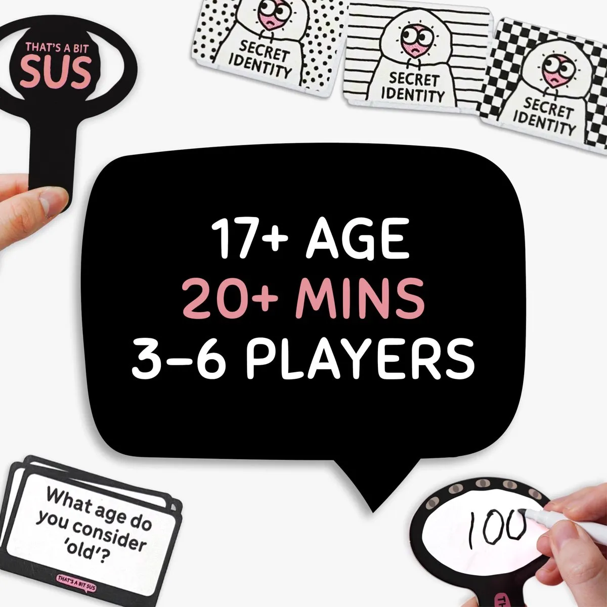 17+, 20+ minutes, 3 to 6 players with secret identity cards