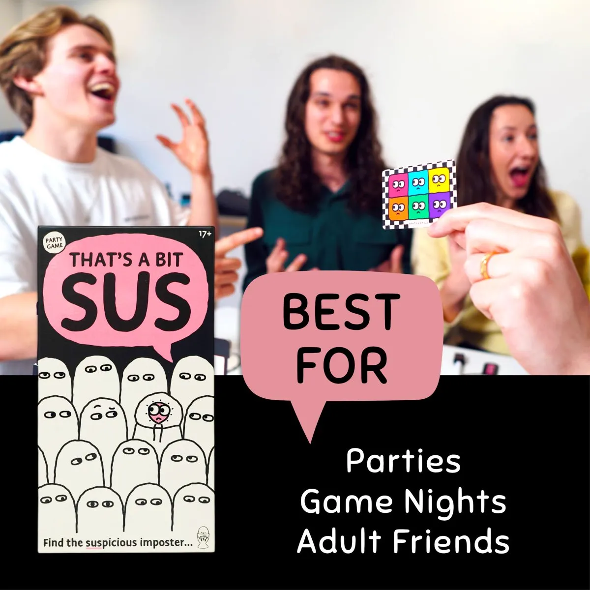 Friends laughing during a game of That's a Bit Sus