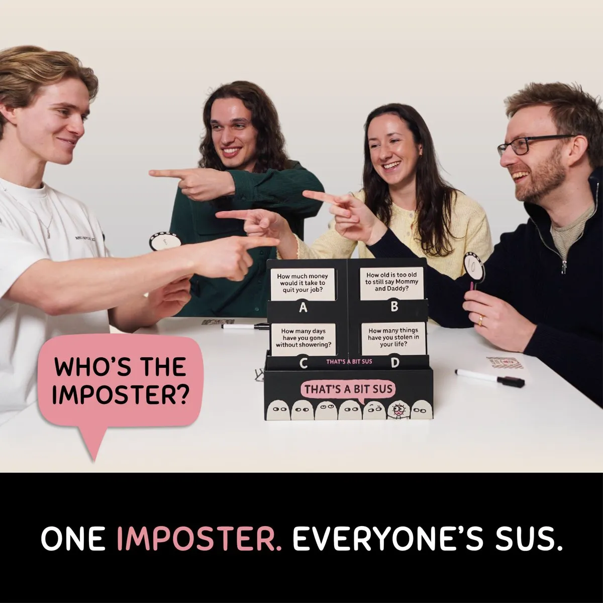 Players pointing to expose the imposter — one imposter, everyone's sus